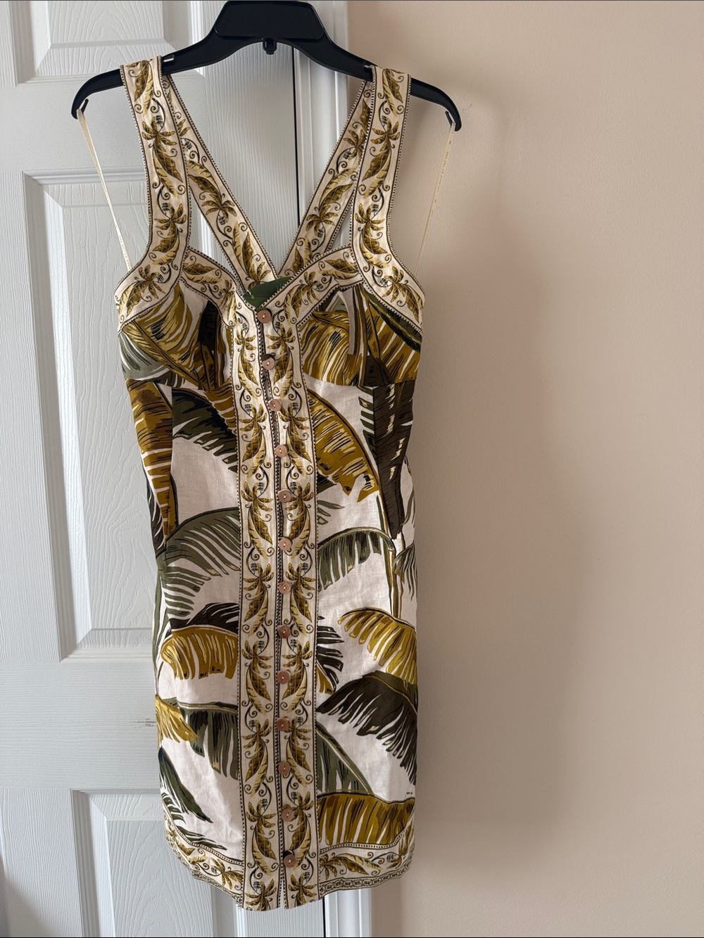 FARM Rio Tropical Palm-Print Mini Dress in Olive, Mustard & Cream
